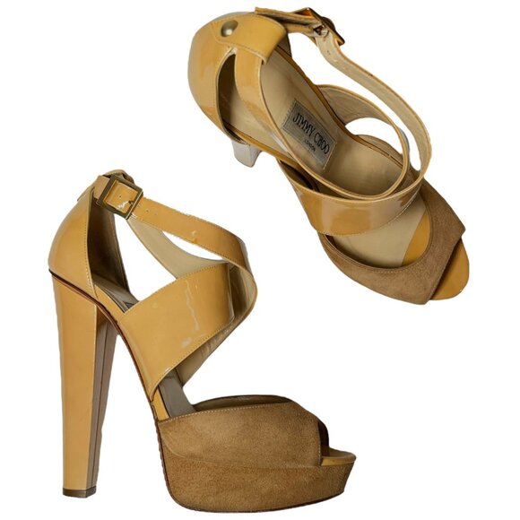 Jimmy Choo Fiery Patent Platform Ankle Strap Heel Sandals Beige EU 38 US 8 Luxe - Picture 2 of 16
